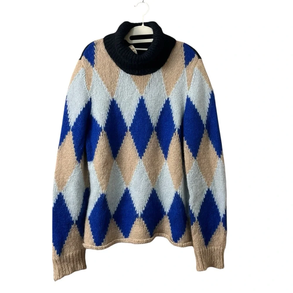 Tory‎ Burch Libby Argyle Turtleneck Diamond Color block Blue Beige Size Large